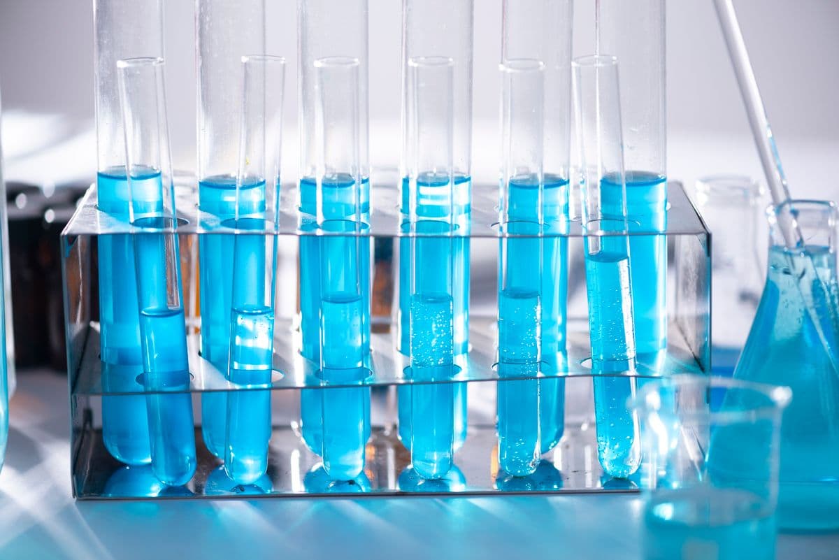 A rack of test tubes holding blue liquid